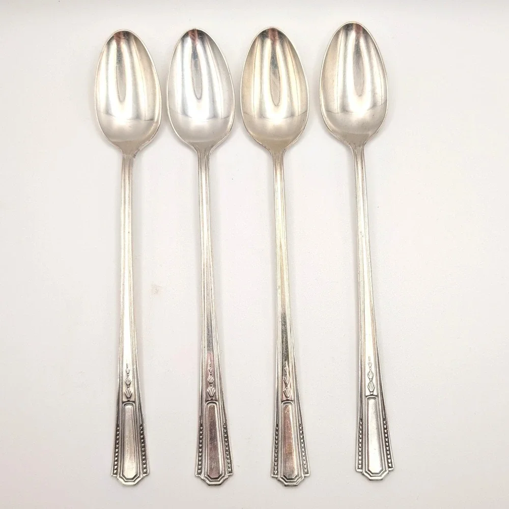 Fairfield Silverplate Iced Tea Spoons Art Deco Pattern Set of 4 7.5